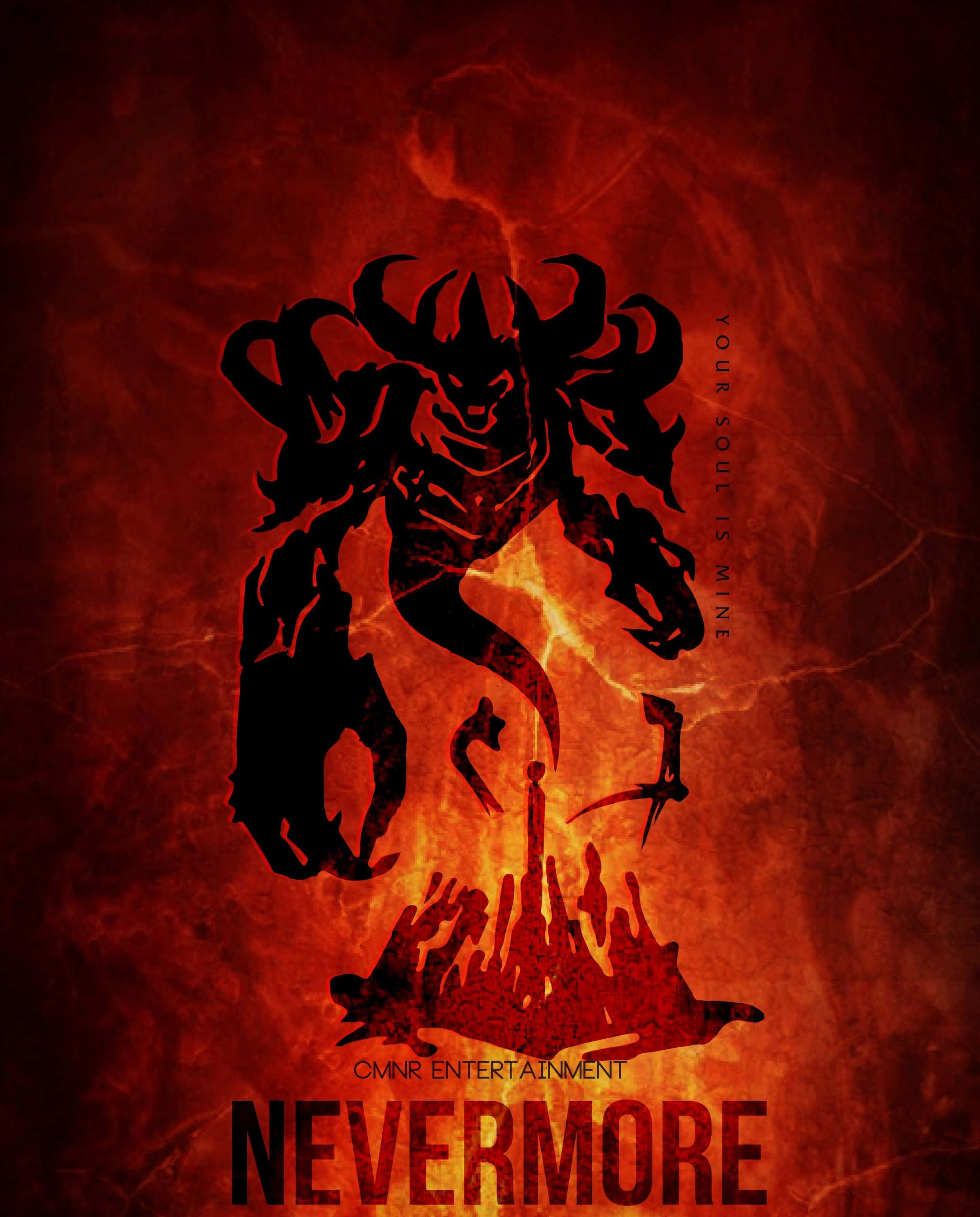 Shadow Fiend 桌布 壁紙 — 一個帶有角和爪的惡魔的威脅性黑色剪影，從煙霧背景中的火紅火焰中浮現。