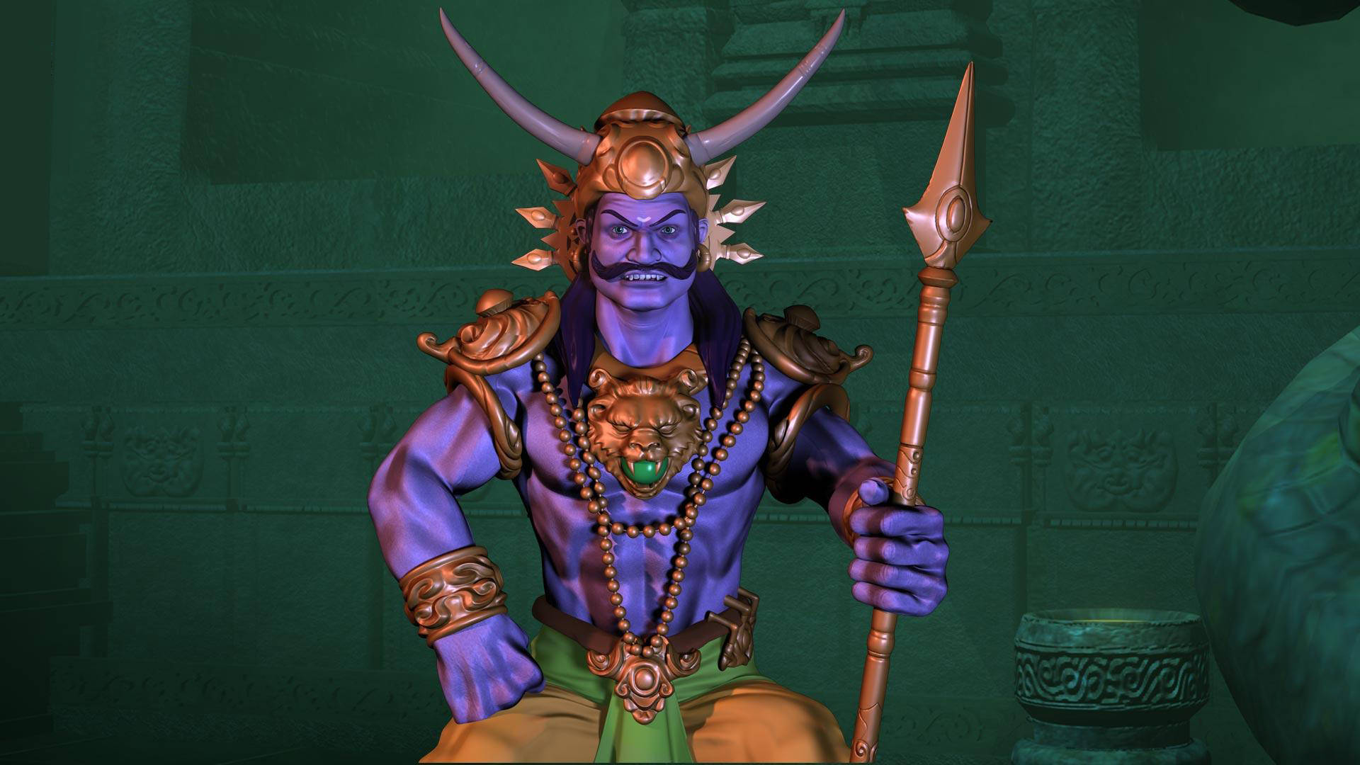 Ravana 桌布 壁紙 — 一個帶有角和獅子頭項鍊的紫色皮膚神祇，在裝飾華麗的寺廟中手持長矛。
