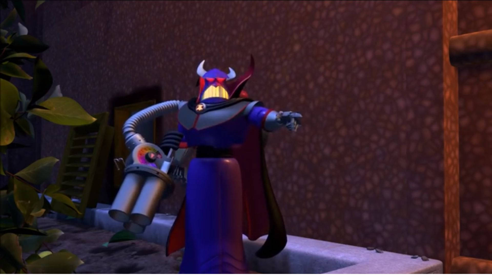 emperor zurg 桌布 壁紙 — 一個帶有角和發光眼睛的威脅性紫色反派，在光線昏暗的小巷中揮舞著科幻武器。