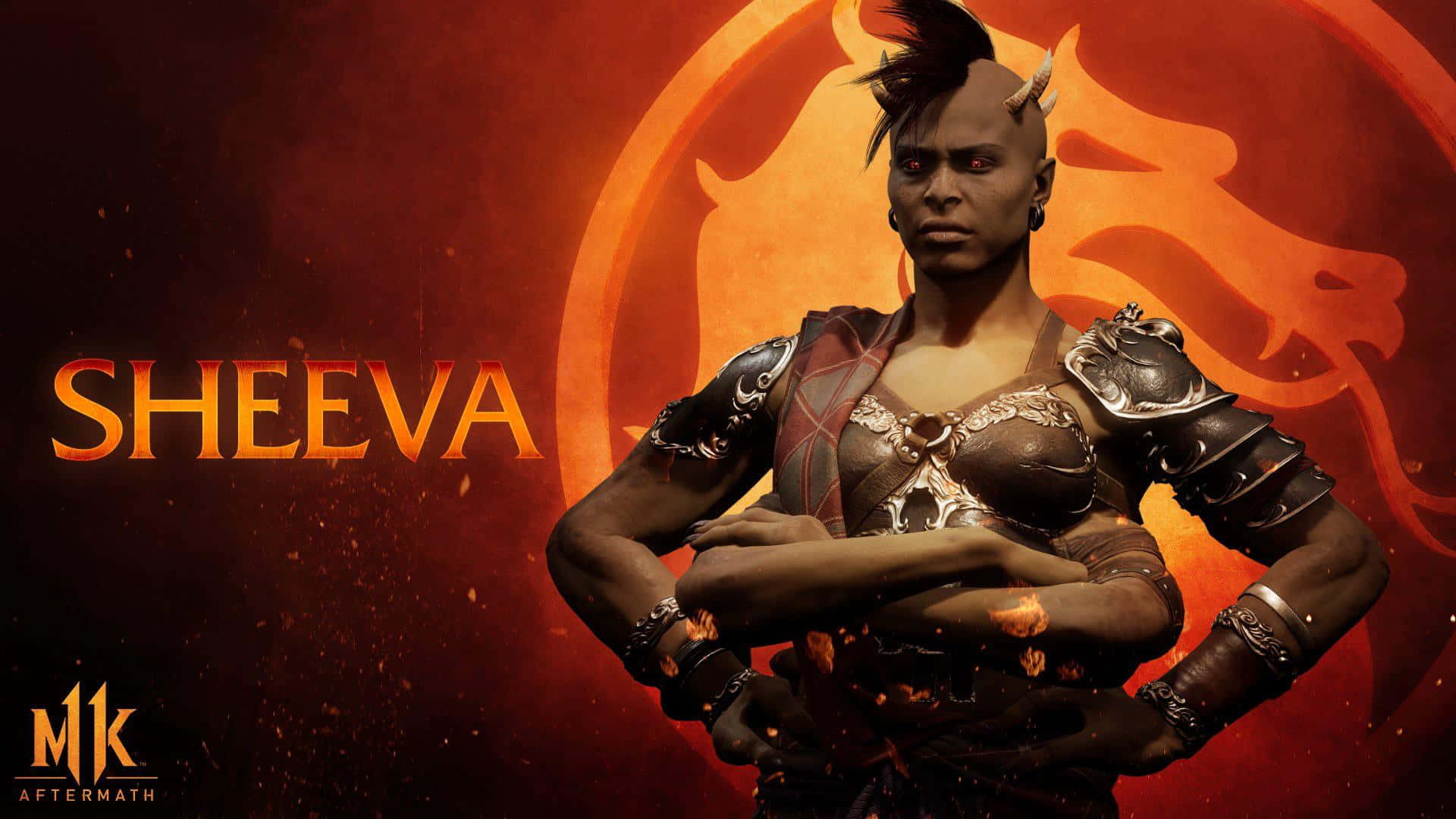 Mortal Kombat Sheeva 桌布 壁紙 — 一個帶有角和盔甲的兇猛戰士自信地站在火焰龍徽背景前。