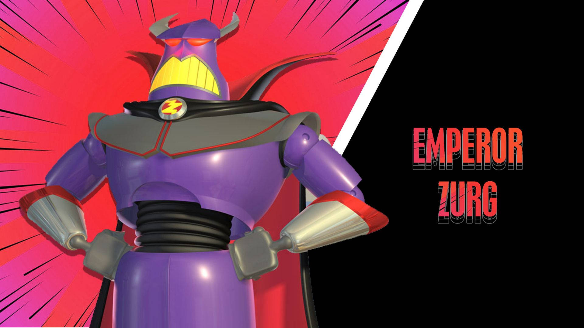 emperor zurg 桌布 壁紙 — 一個帶有角和紅色眼睛的威脅性紫色機器人皇帝，站在充滿活力的粉紅色和黑色漫畫風格背景前。