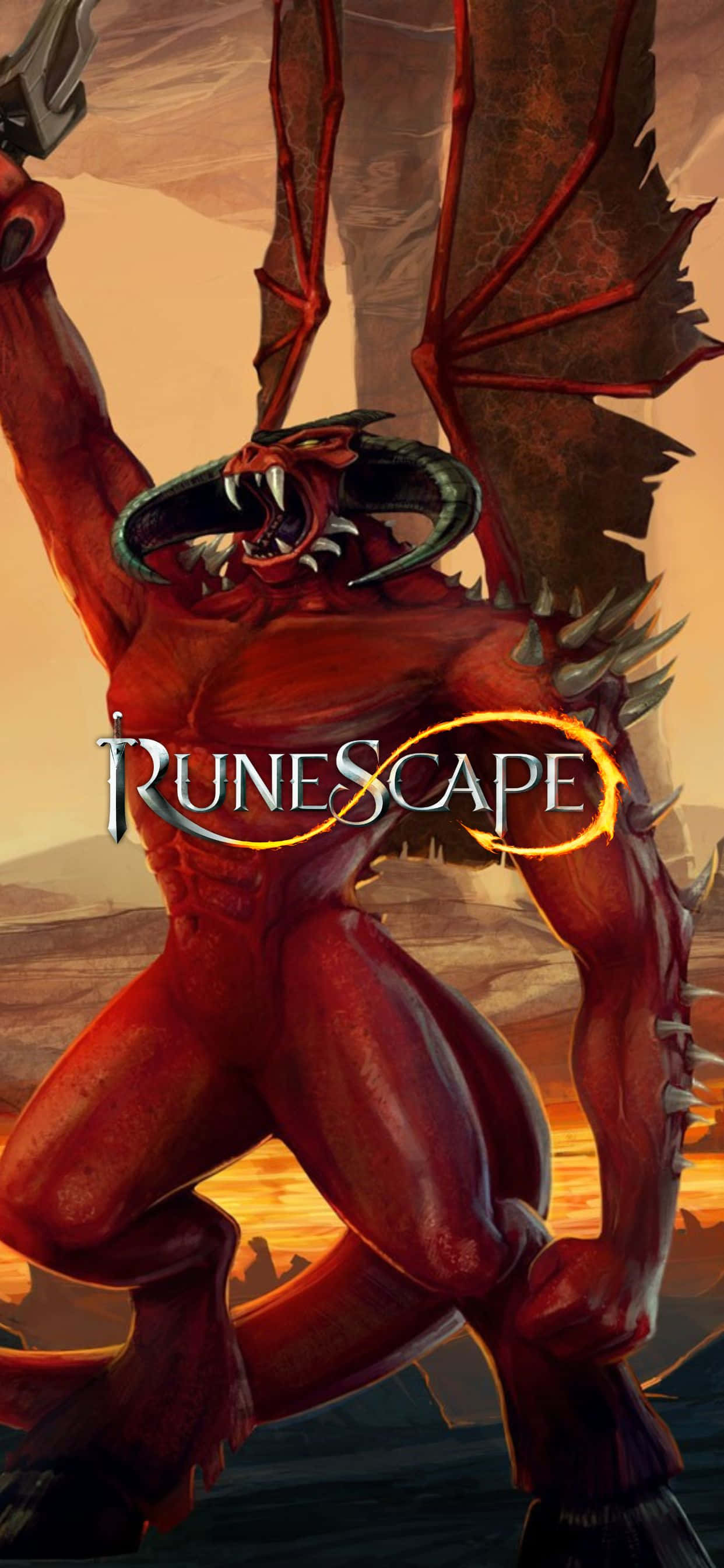 iPhone Xs Max Runescape 桌布 壁紙 — 一個帶有角和翅膀的威脅性紅色惡魔，在熾熱的日落背景下舉起武器。