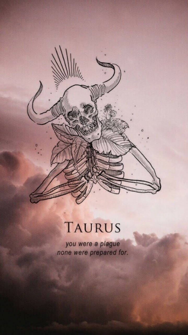 zodiac 桌布 壁紙 — 一個帶有角和花卉元素的骨骼金牛座形象，漂浮在昏暗的粉紅色和紫色多雲天空中。