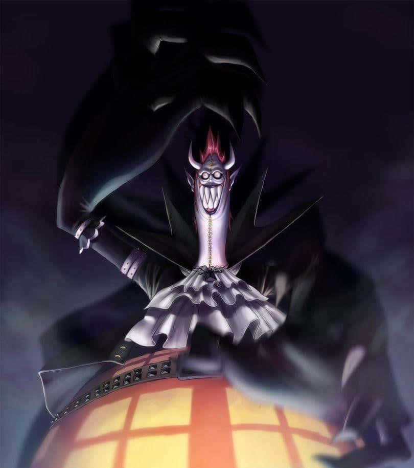 gecko moria 桌布 壁紙 — 一個帶有角和荷葉邊裙子的威脅性動漫惡魔，站在黑暗煙霧環境中的發光球體上。