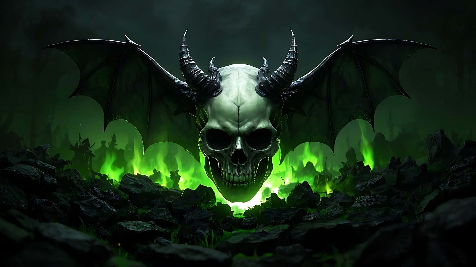 Skull with Devil Horns and Burning Shadows. ghost wallpaper 壁紙 — 一個帶有角和蝙蝠翅膀的惡魔頭骨從黑暗岩石間發光的綠色火焰中出現。