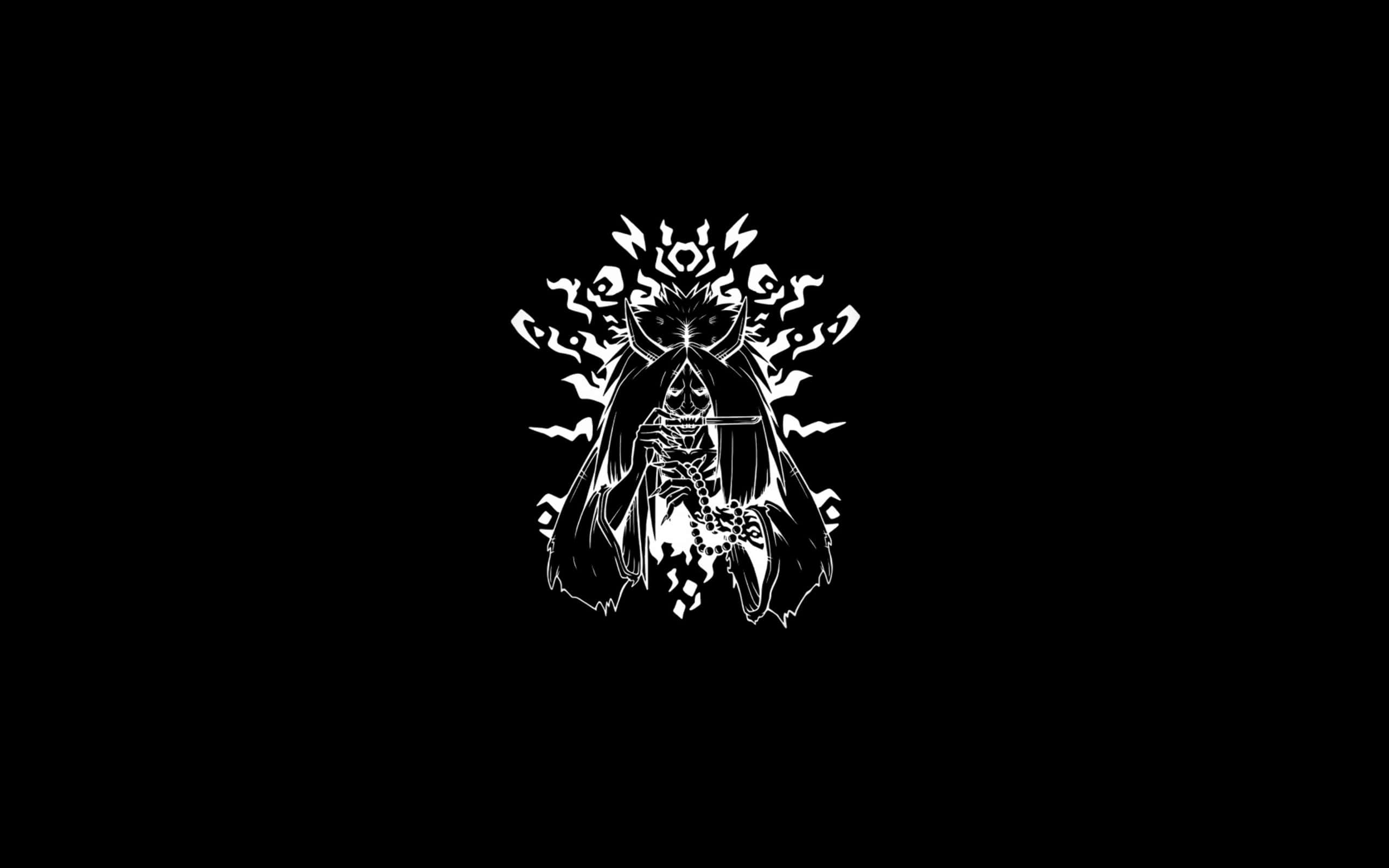 Reaper Death Seal 桌布 壁紙 — 一個帶有角和頭骨冠冕的純白色骨骼形象，以極簡數位藝術風格站在黑色背景前。
