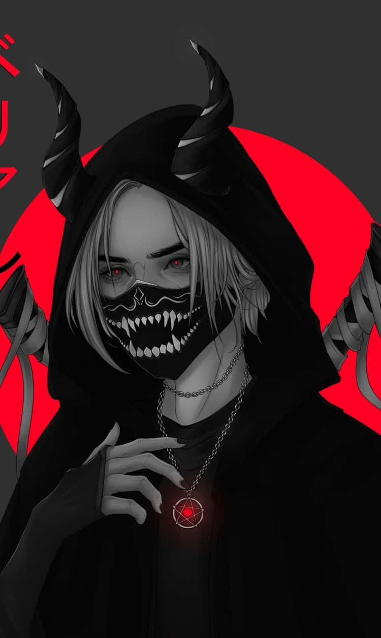Vampire Aesthetic 桌布 壁紙 — 一個帶有角和骷髏面具的威脅性動漫惡魔，在鮮紅色的圓形背景下凝視。