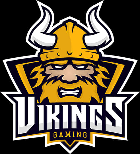 Vikings Logo 桌布 壁紙 — 一個帶有角和鬍鬚的兇猛維京戰士在風格化標誌中粗體「VIKINGS GAMING」文字下方咆哮。