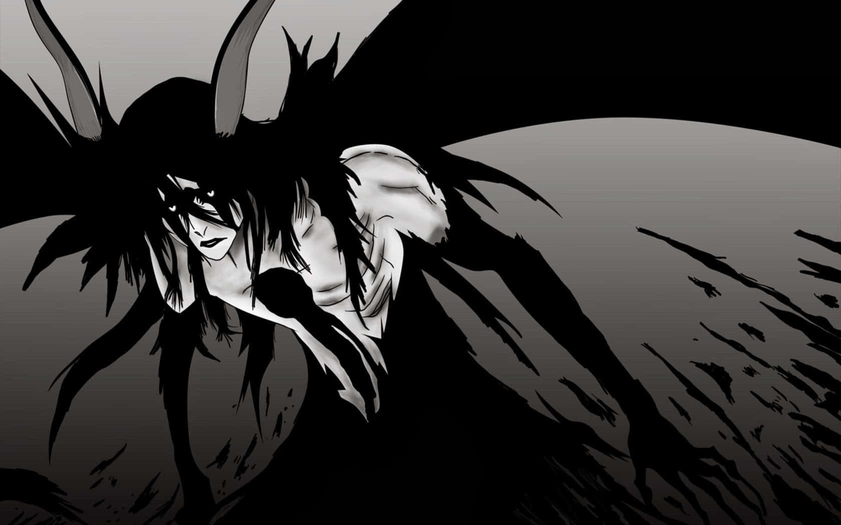 Ulquiorra Cifer 桌布 壁紙 — 一個帶有角和黑色翅膀的威脅性動漫角色，在鮮明的漸變背景上赫然聳立。