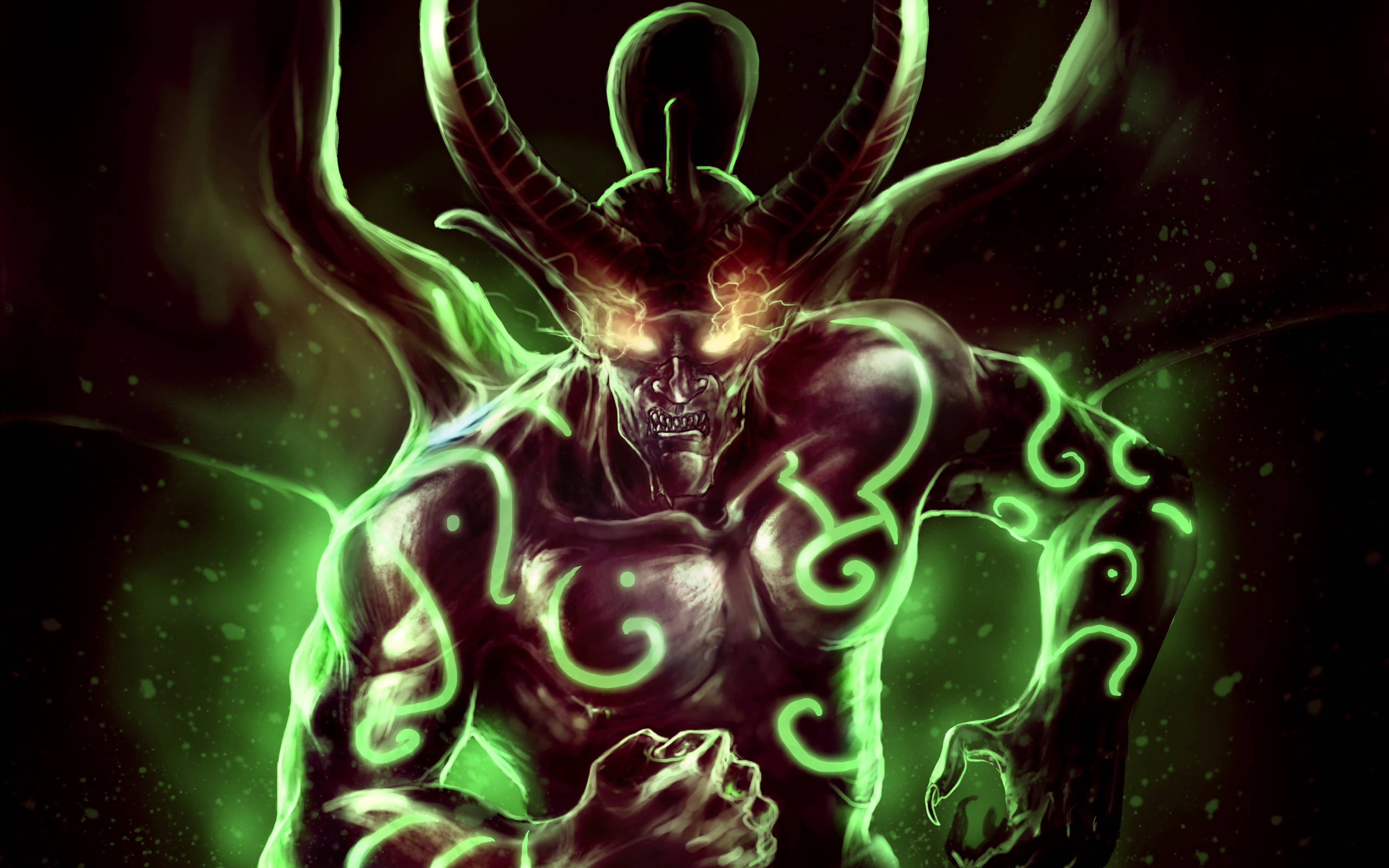 dota 2 4K 桌布 壁紙 — 一個帶有角的威脅性惡魔，發光的綠色能量在其肌肉發達的身體中流動，背景為黑暗。