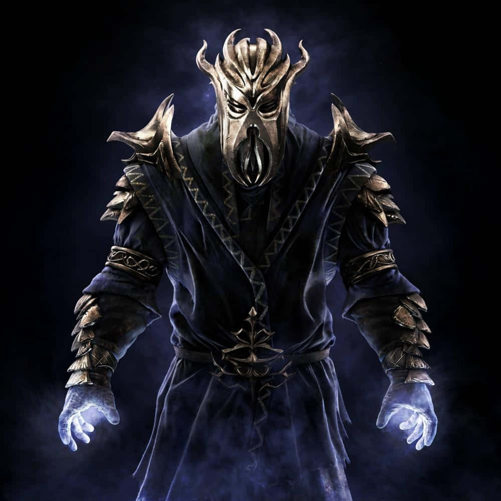Skyrim Dragonborn 桌布 壁紙 — 一個帶有角面具和發光雙手的威脅性裝甲人物，站在黑暗迷霧的氛圍中。