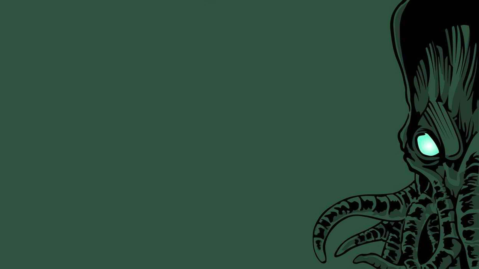 Giant Squid 桌布 壁紙 — 一個帶有觸手、眼睛發出綠光的威脅性生物從右側窺視，背景為深青色。