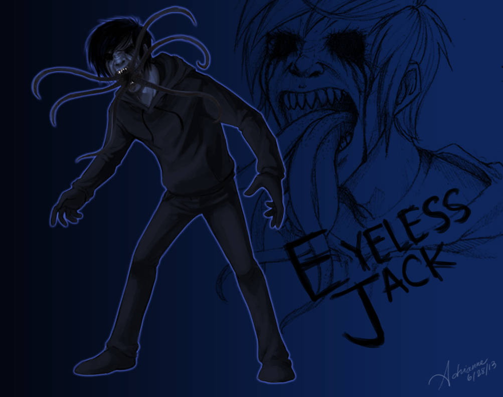Eyeless Jack 桌布 壁紙 — 一個帶有觸手和發光藍色輪廓的威脅性動漫風格生物，站在深藍色中尖叫的臉前。