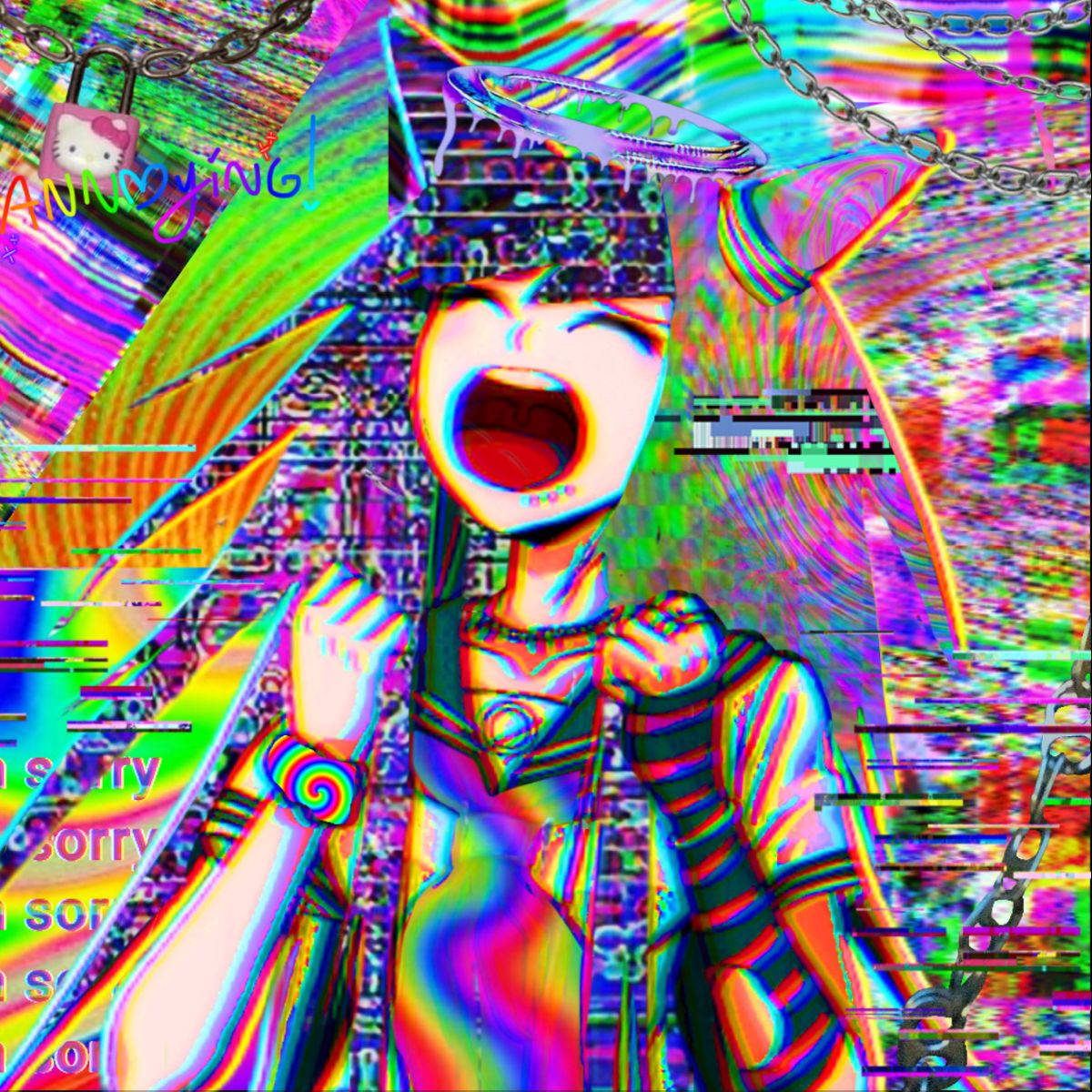 動漫女孩 桌布 壁紙 — 一個帶有貓耳的故障藝術動漫女孩在混亂的彩虹扭曲和鎖鏈中尖叫。