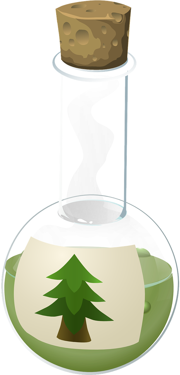 燒杯 桌布 壁紙 — 一個帶有軟木塞的透明玻璃瓶，內含綠色液體，標籤上有綠色松樹插圖。