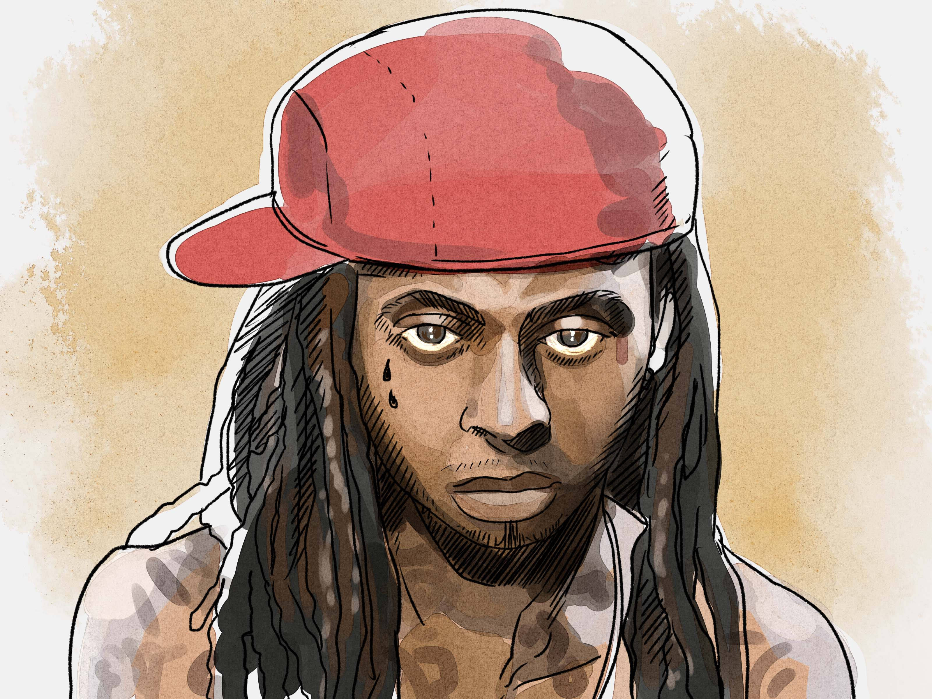 Lil Wayne 桌布 壁紙 — 一個帶有辮子和紅色帽子的男人的風格化插圖，在溫暖的米色背景下，他凝視著，一滴眼淚從他的眼睛落下。