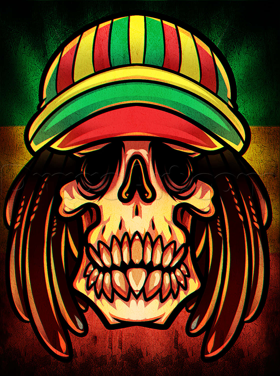 Rasta 桌布 壁紙 — 一個帶有辮子和色彩繽紛的拉斯特法里帽子的風格化頭骨，背景是帶有紋理的綠色和紅色。