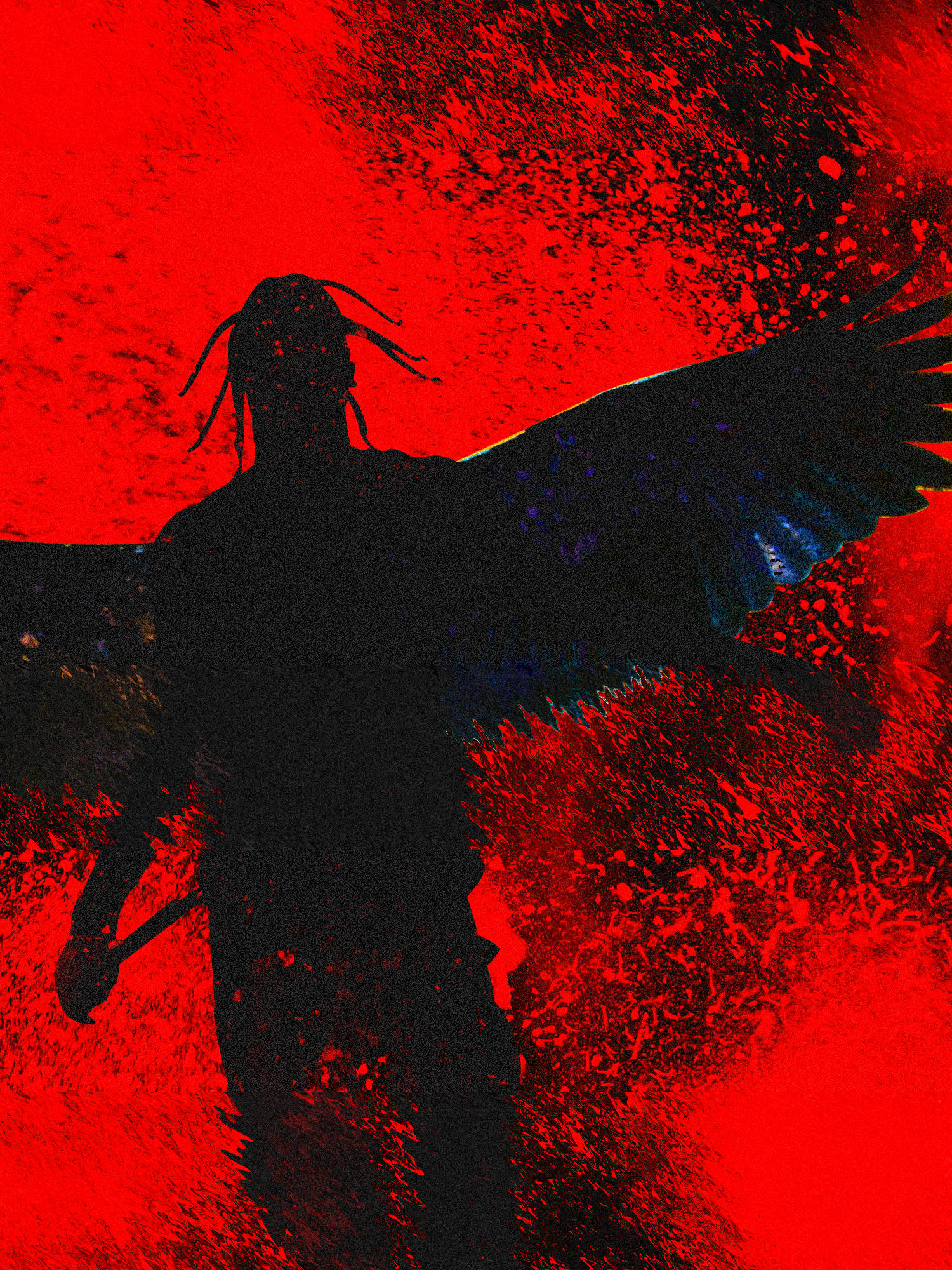 Astroworld 桌布 壁紙 — 一個帶有辮子的有翼人物的深色剪影，站在帶有藍色翅膀裝飾的鮮紅色紋理背景前。