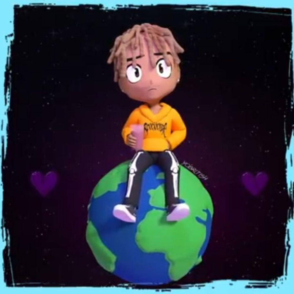 Q版角色坐在黏土地球上，宇宙中有紫色愛心。 — Juice Wrld 壁紙