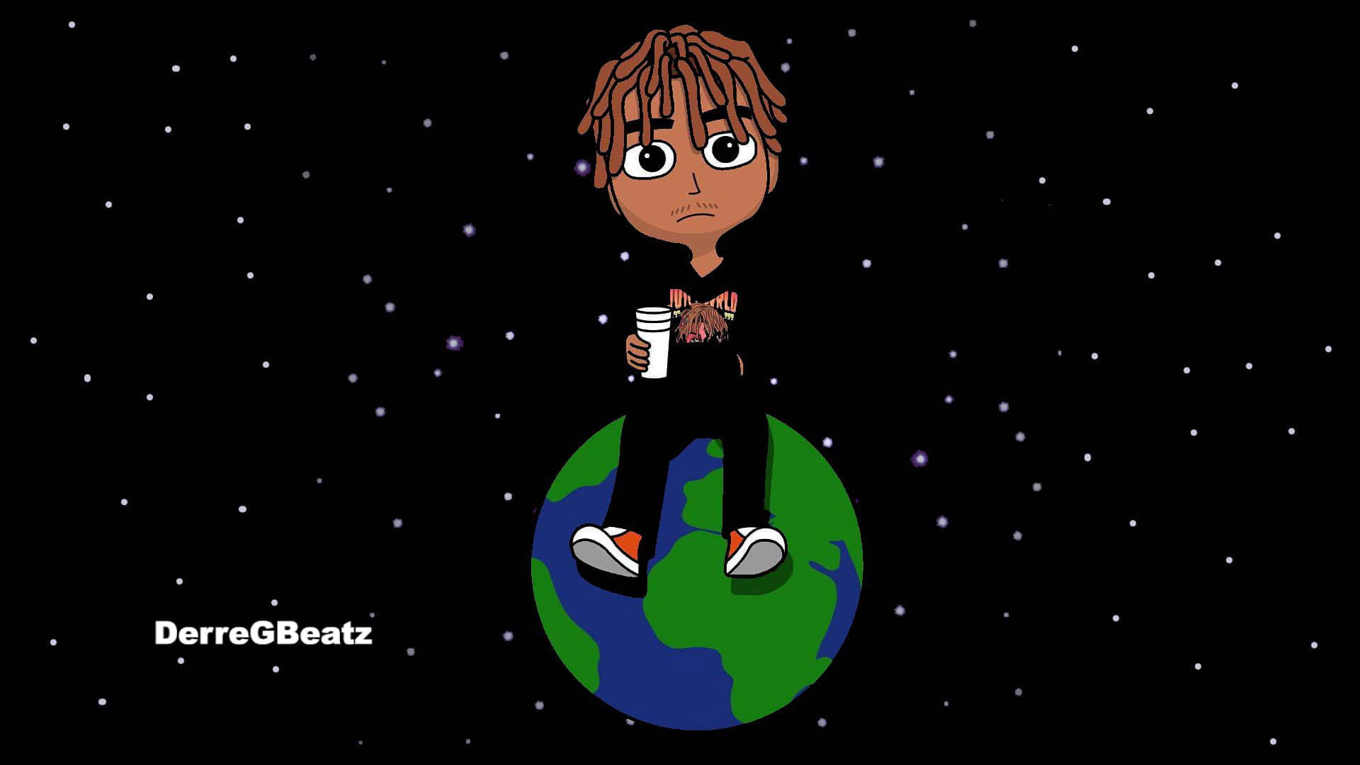 Juice Wrld Desktop 桌布 壁紙 — 一個帶有辮子髮型的卡通角色坐在風格化的地球上，手持杯子，背景是星空太空。