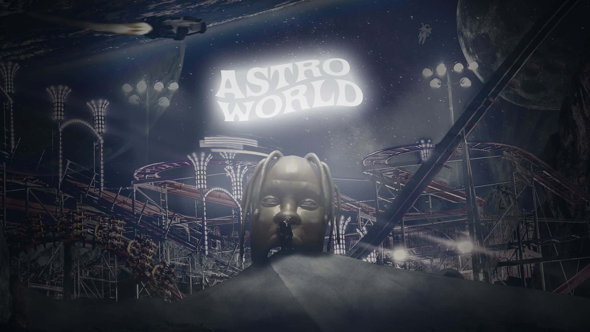 Astroworld 桌布 壁紙 — 一個帶有辮子髮型的巨大面孔坐在山頂上，下方是發光的「ASTRO WORLD」標誌，周圍是一個超現實、黑暗的遊樂園，背景是繁星點點的天空和行星。
