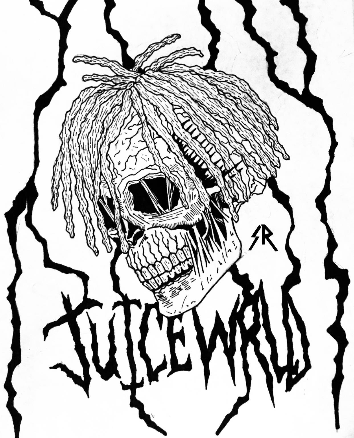 帶有辮子髮型和鋸齒狀裂縫的頭骨，附有「JUICEWRLD」文字。 — Juice Wrld 壁紙
