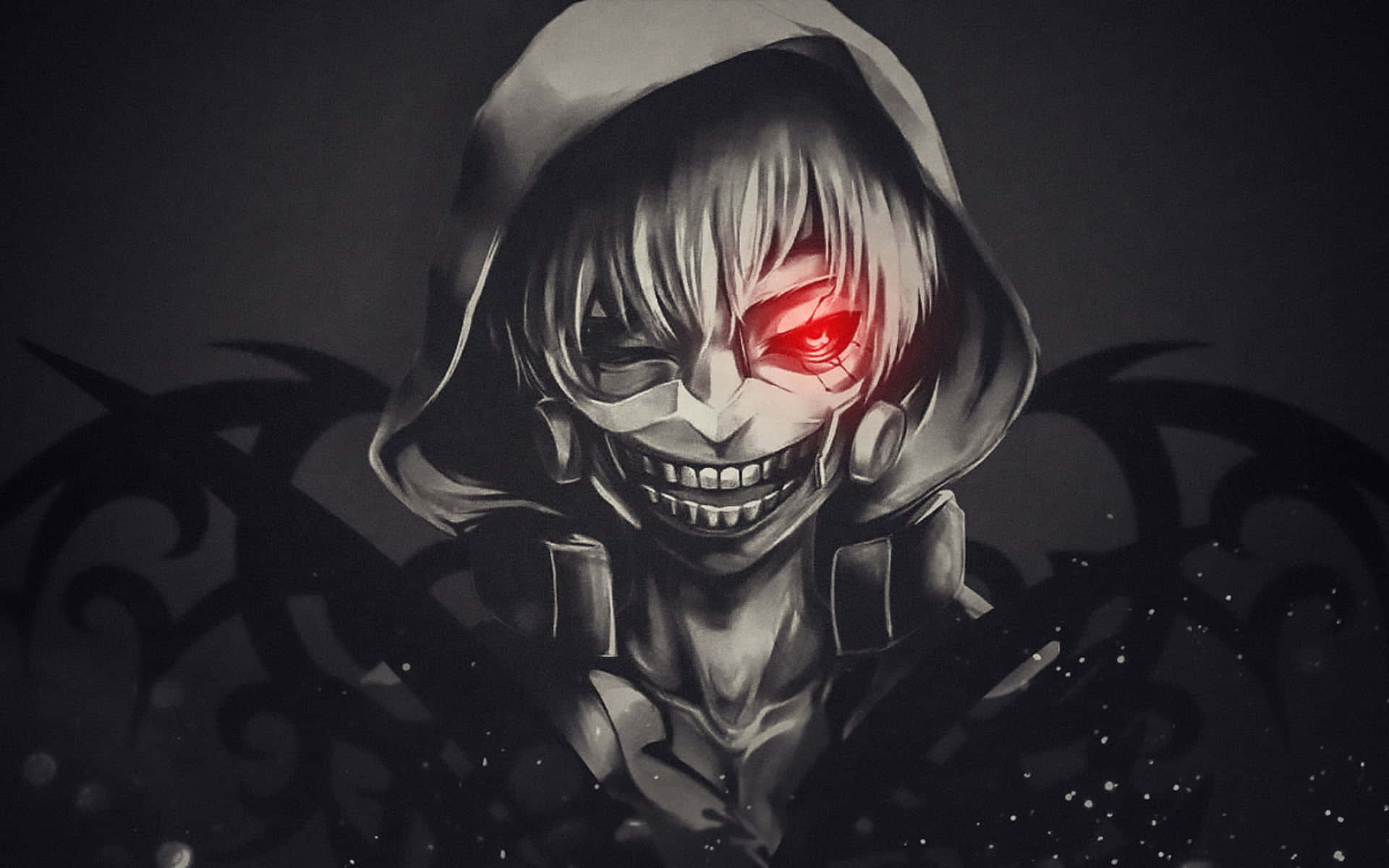 Kaneki's Mask 桌布 壁紙 — 一個帶有連帽斗篷和發光紅眼的威脅性動漫角色，在黑暗華麗的背景中凝視著。