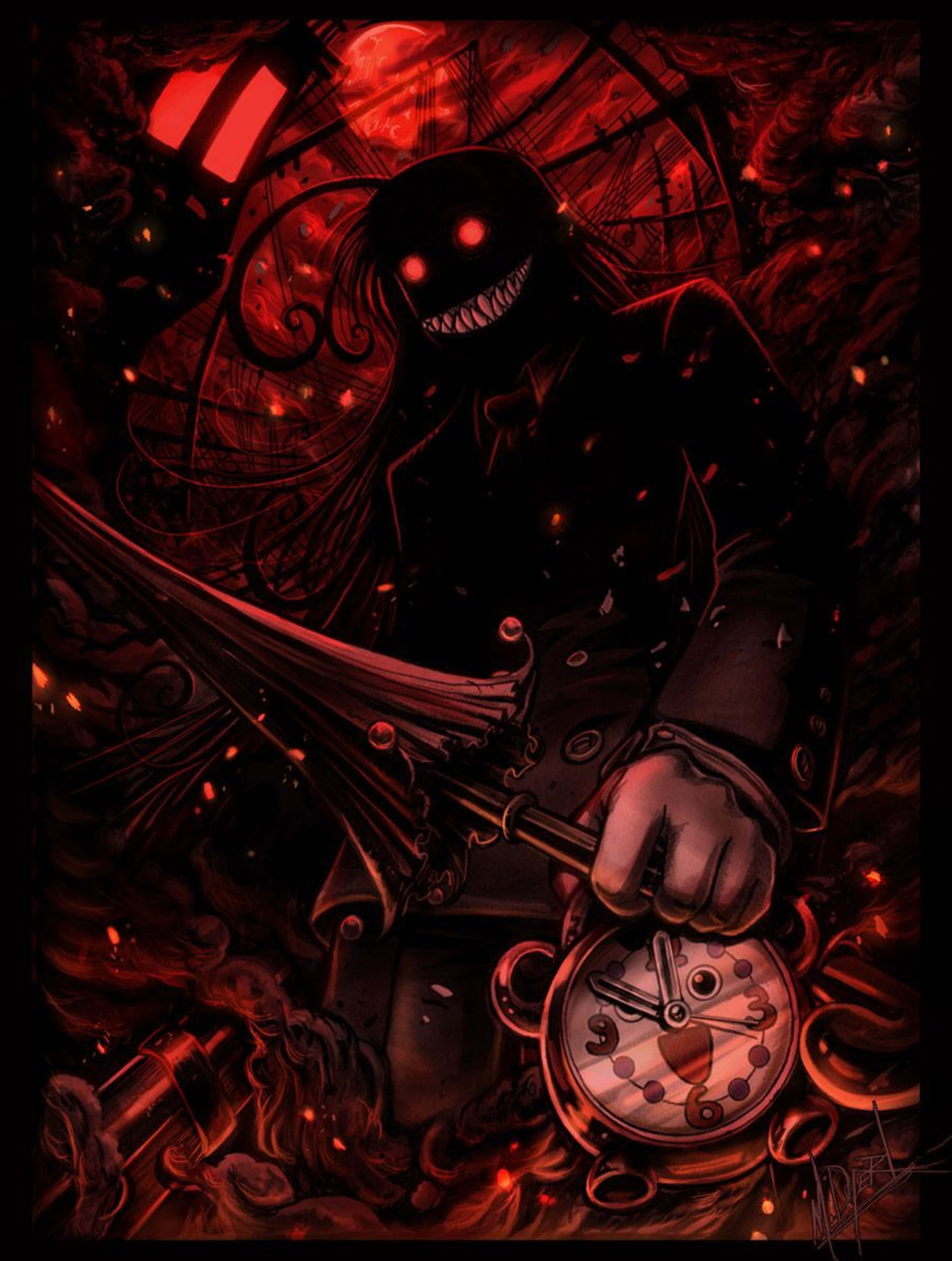 Hellsing Ultimate 4K 桌布 壁紙 — 一個帶有邪惡氣息的紅色身影，雙眼發光，咧嘴大笑，在旋轉的黑暗煙霧中拿著一個破鐘和一把雨傘。