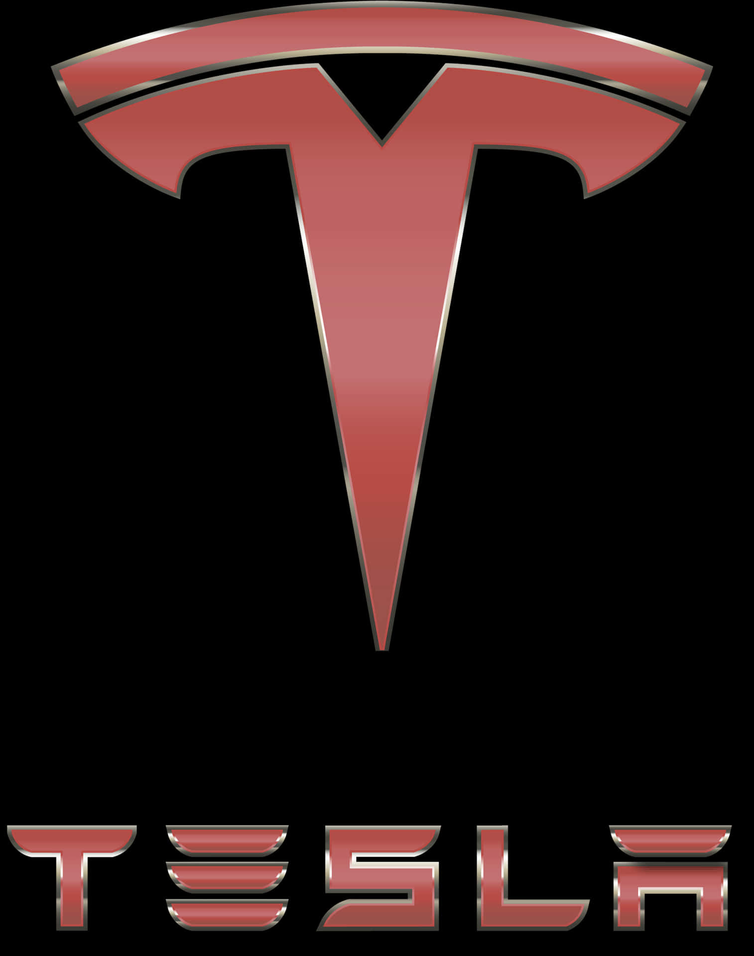 Logo Design 桌布 壁紙 — 一個帶有金屬光澤的時尚紅色Tesla標誌，在純黑色背景上大膽地矗立。