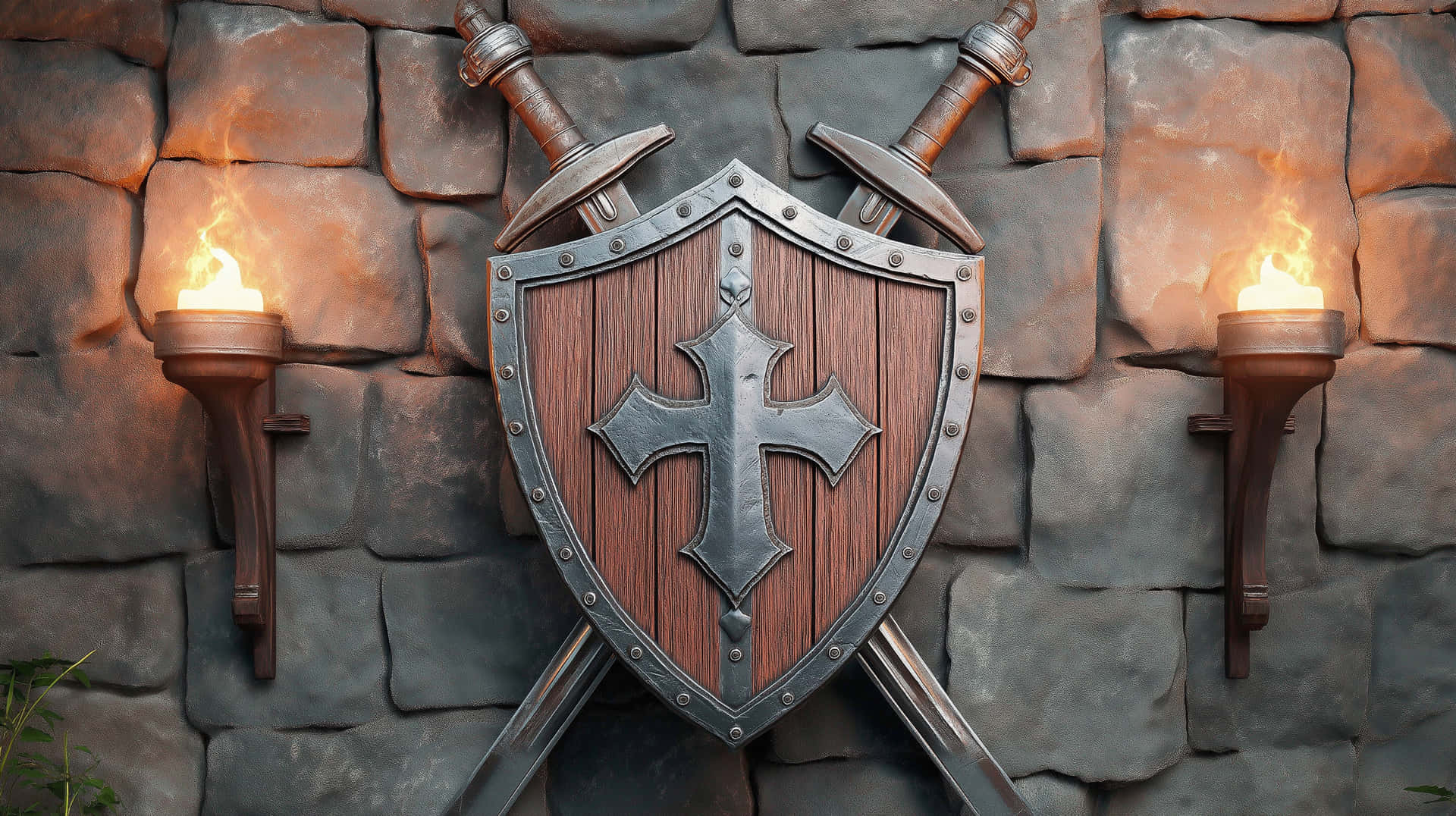 Decorative Medieval Shield and Swords on Castle Wall 壁紙 — 一個帶有金屬十字標誌的木盾掛在石牆上，兩把交叉的劍之間，兩側有燃燒的火把。