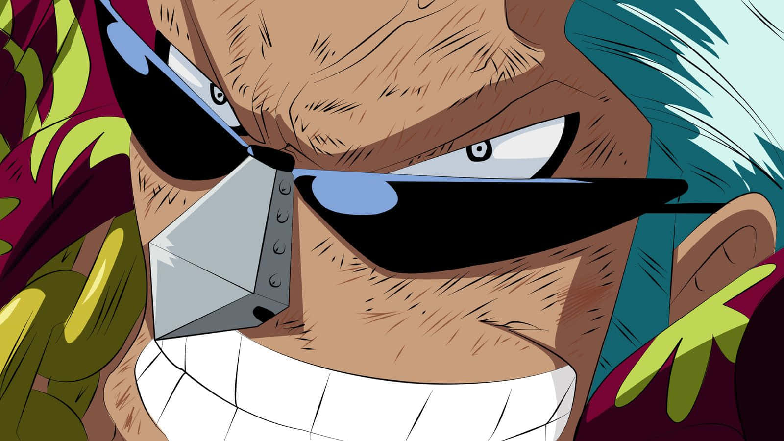 Franky 桌布 壁紙 — 一個帶有金屬眼罩和鋒利太陽眼鏡的兇猛動畫海盜特寫，怒目而視。