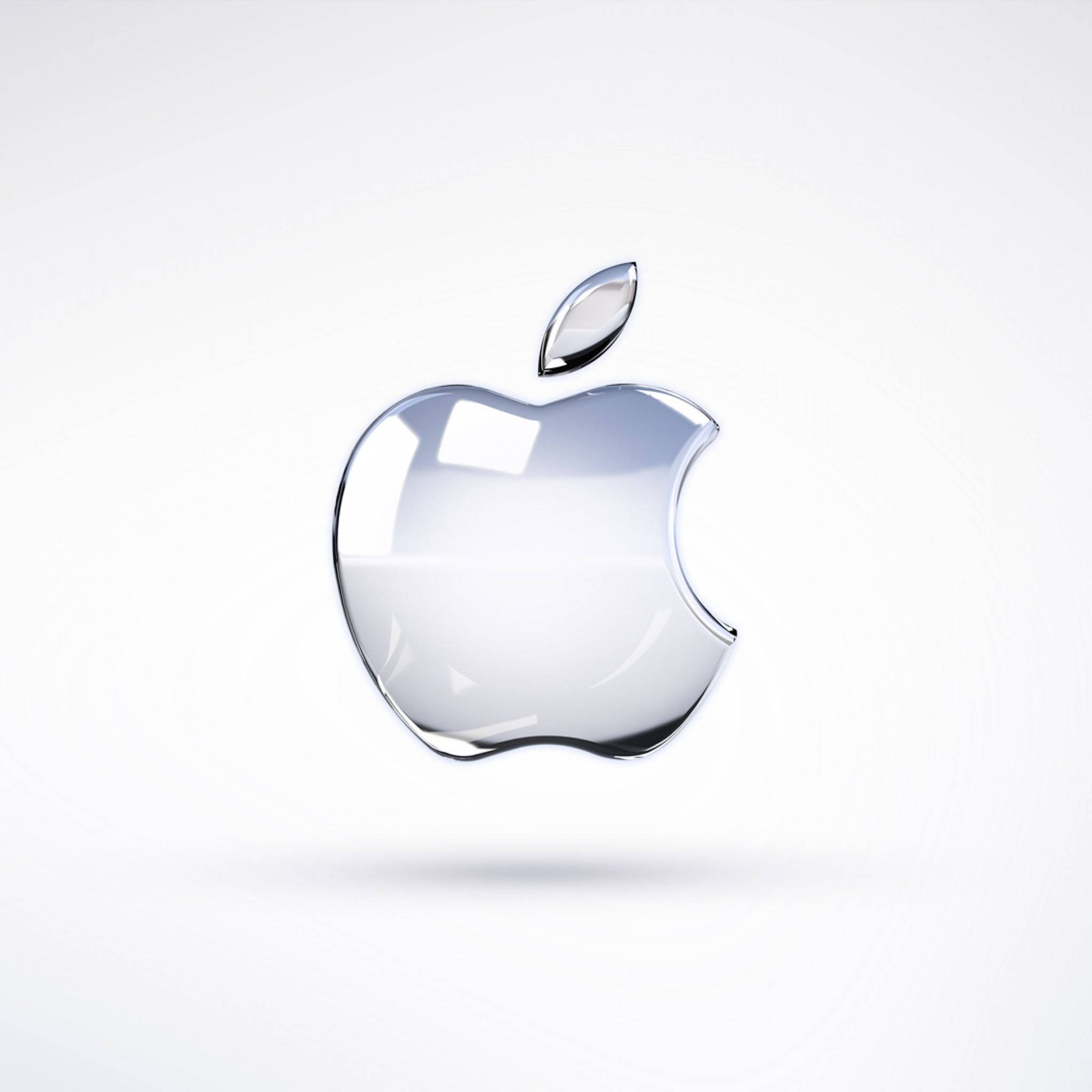標誌 桌布 壁紙 — 一個帶有金屬葉片的時尚玻璃Apple標誌，漂浮在極簡白色背景上。