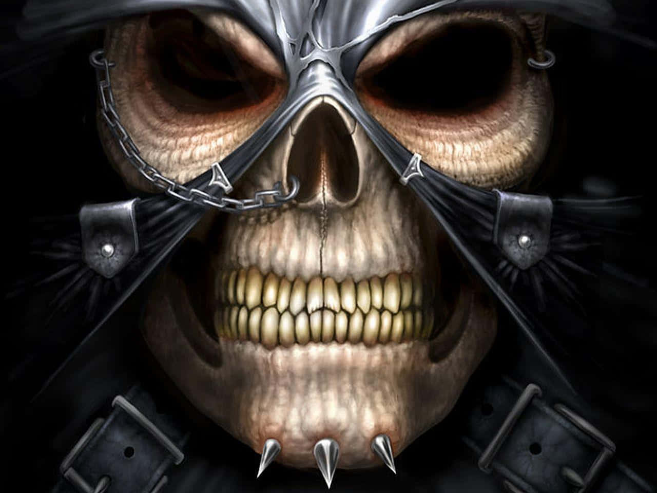 Cool Skull 桌布 壁紙 — 一個帶有金屬護目鏡和尖刺下巴護具的威脅性頭骨，在黑暗背景下強烈凝視。