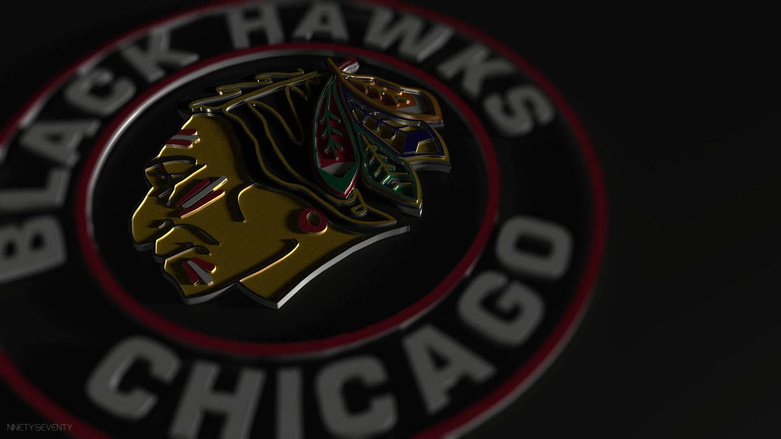 Blackhawks 桌布 壁紙 — 一個帶有金屬金色和紅色點綴的光澤3D渲染芝加哥黑鷹隊標誌，在深色背景上發光。