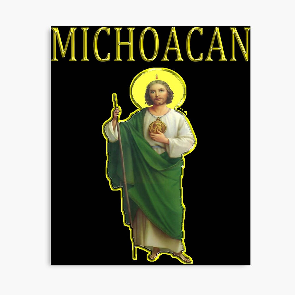 religion 桌布 壁紙 — 一個帶有金色光環、身穿綠色長袍的人物，手持權杖和心形獎章，背景為黑色，並有粗體黃色字樣「MICHOACAN」。