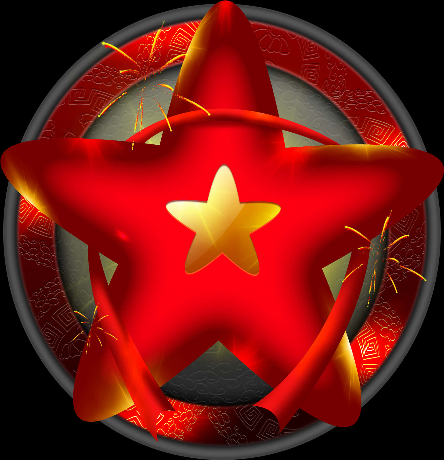 Pentagram 桌布 壁紙 — 一個帶有金色內星和煙火爆發的光澤紅色星星，背景為紅色和灰色的圓形圖案。