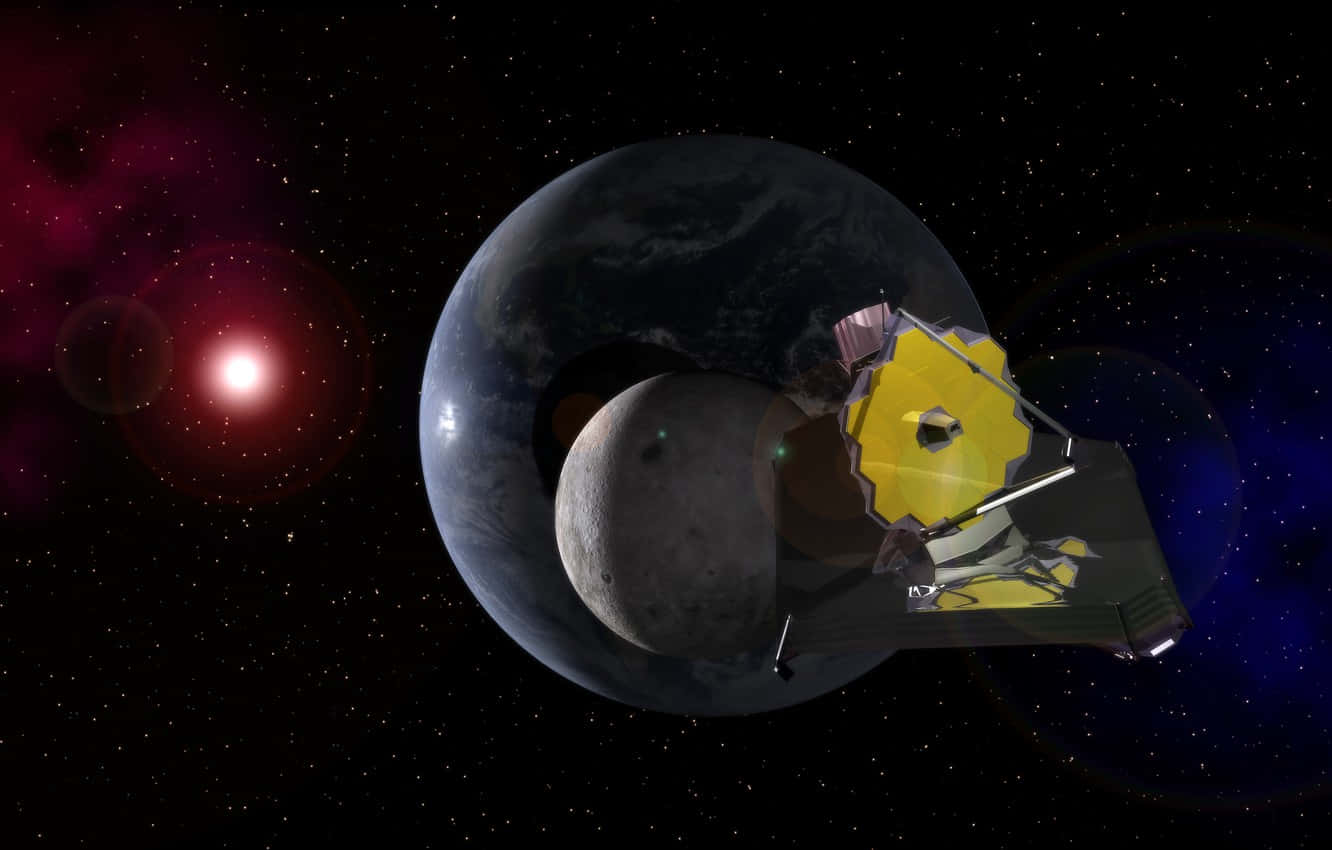 Telescope 桌布 壁紙 — 一個帶有金色六角形鏡面的太空望遠鏡，在繁星點點的宇宙背景下，圍繞著一顆行星和月球運行，背景中還有一個發光的紅色星雲。