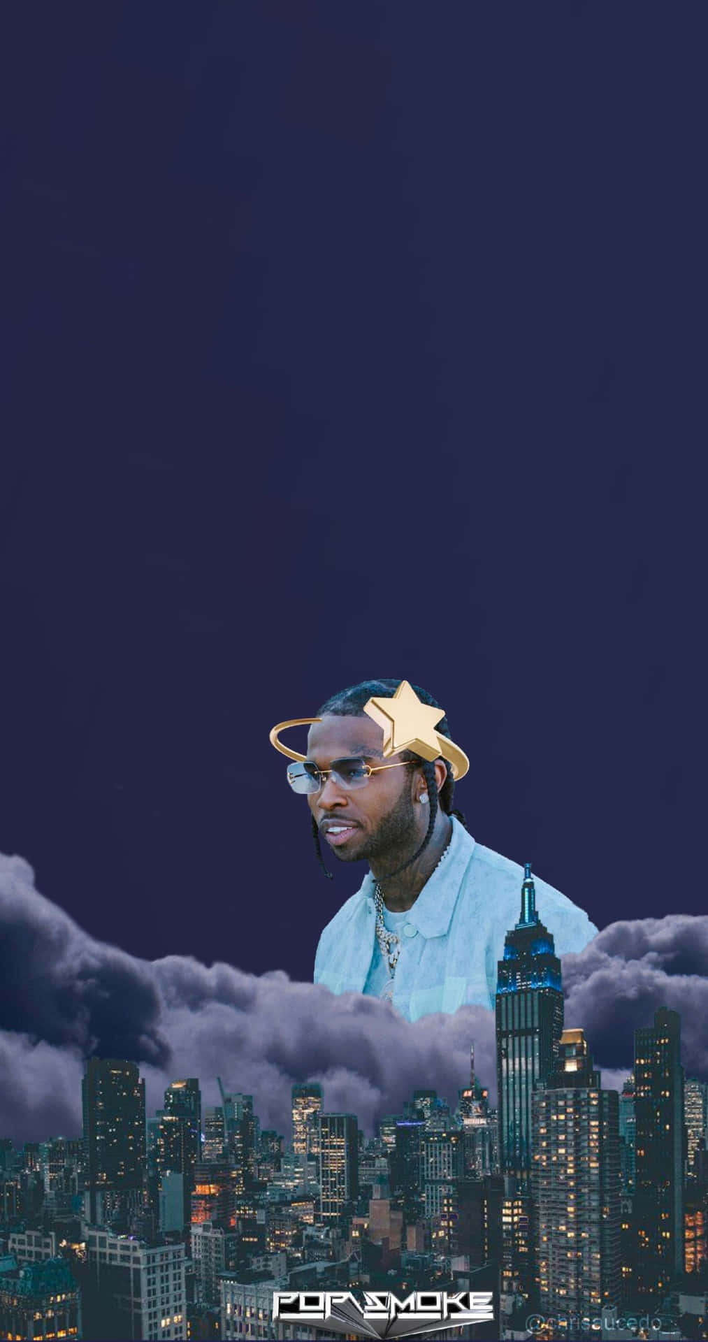 帶有金色星環的男人在城市天際線上方夜晚 — Pop Smoke GIF 壁紙