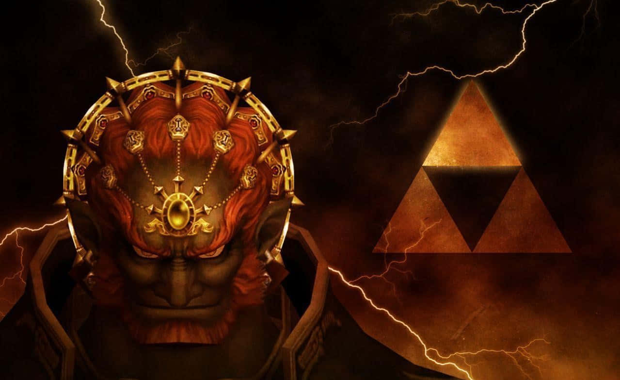 Ganondorf 桌布 壁紙 — 一個帶有金色華麗頭飾的威脅性紅髮惡魔，站在閃爍的三角力量符號前，周圍是劈啪作響的閃電。