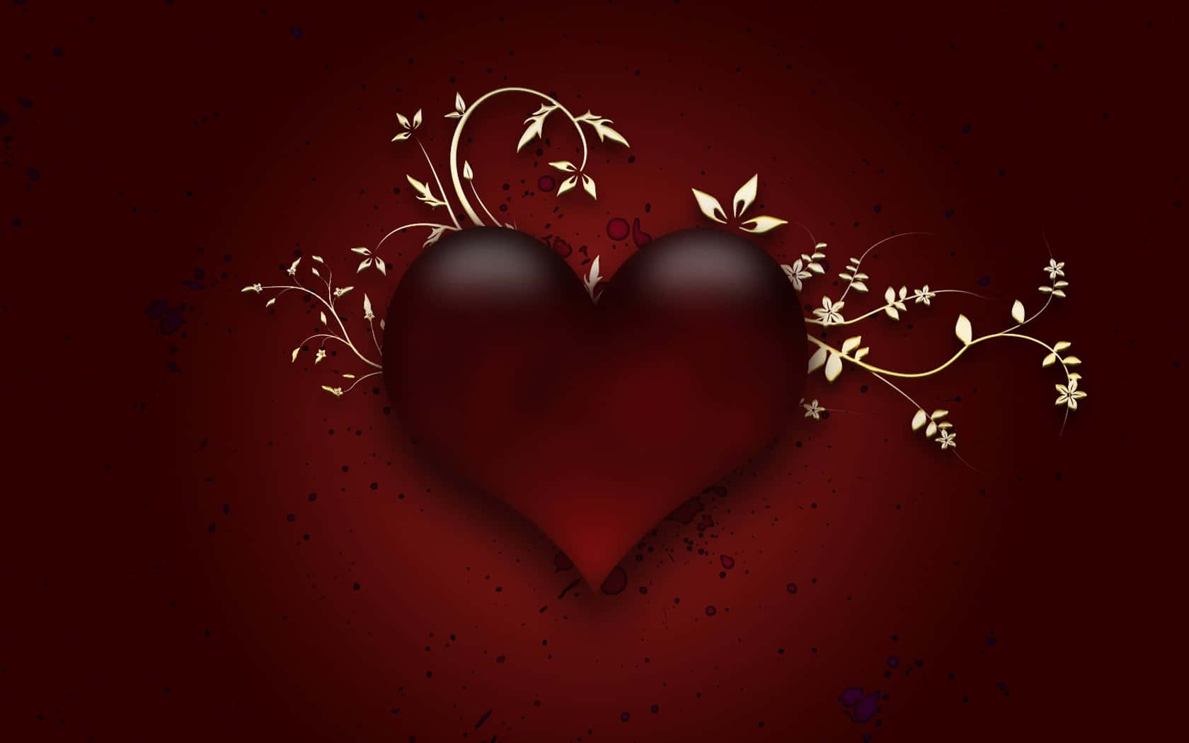 Red Heart 桌布 壁紙 — 一個帶有金色藤蔓和葉子的光澤深紅色心形，背景為深紅色紋理。