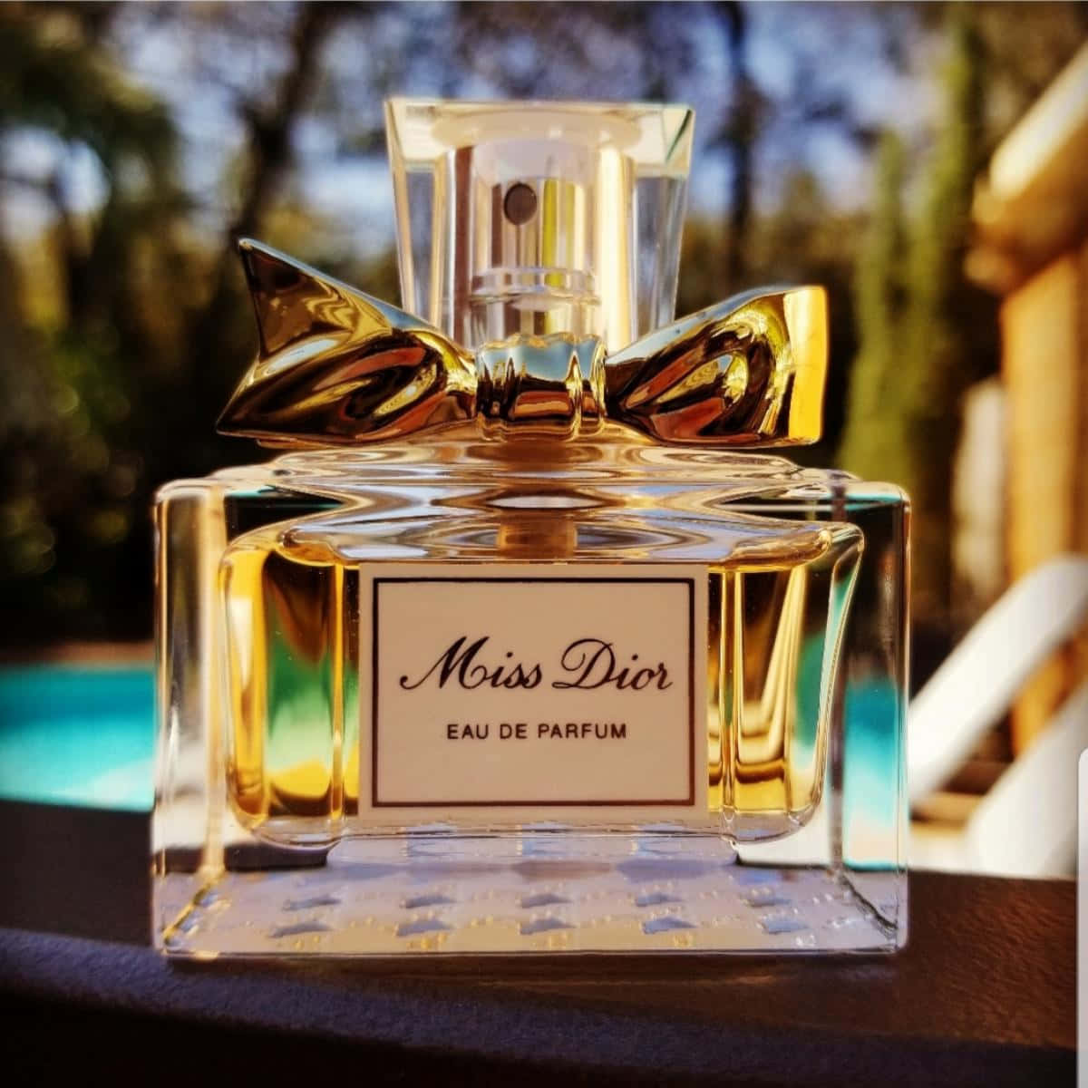 Dior 動態 桌布 壁紙 — 一個帶有金色蝴蝶結的 Miss Dior 香水瓶放在泳池附近的深色表面上，沐浴在溫暖的陽光下。