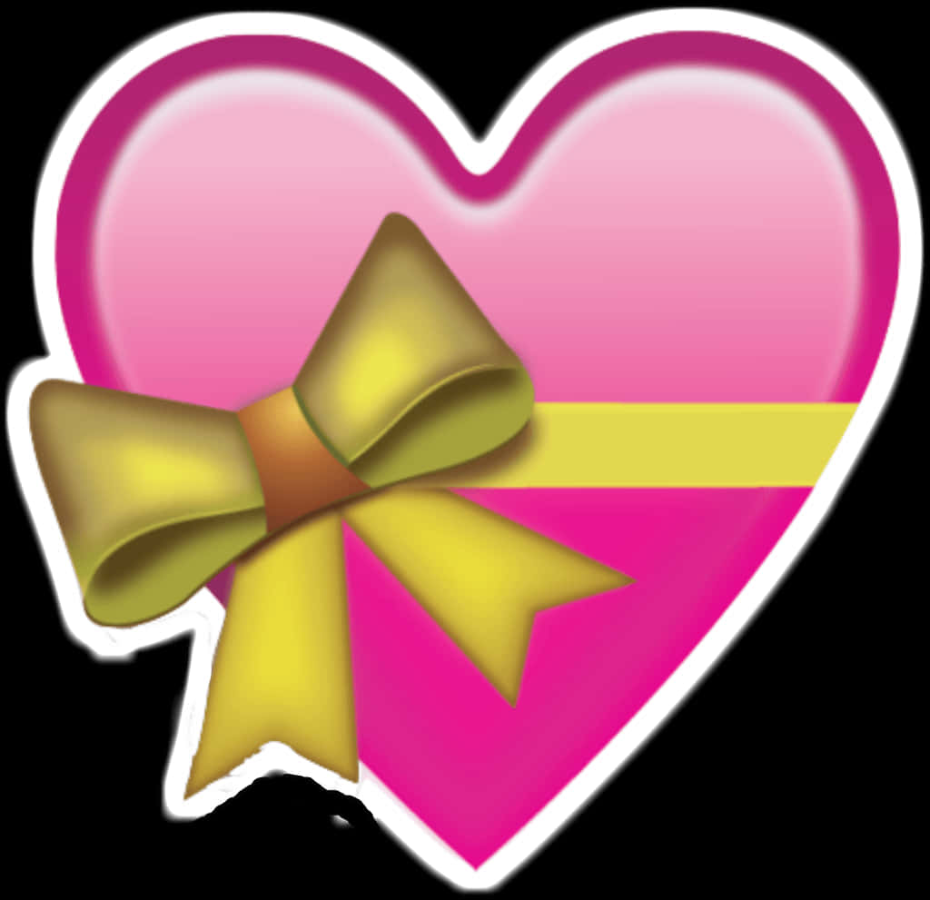 Love Emoji 桌布 壁紙 — 一個帶有金色蝴蝶結繫在中央的亮面粉紅色心形，背景為黑色。