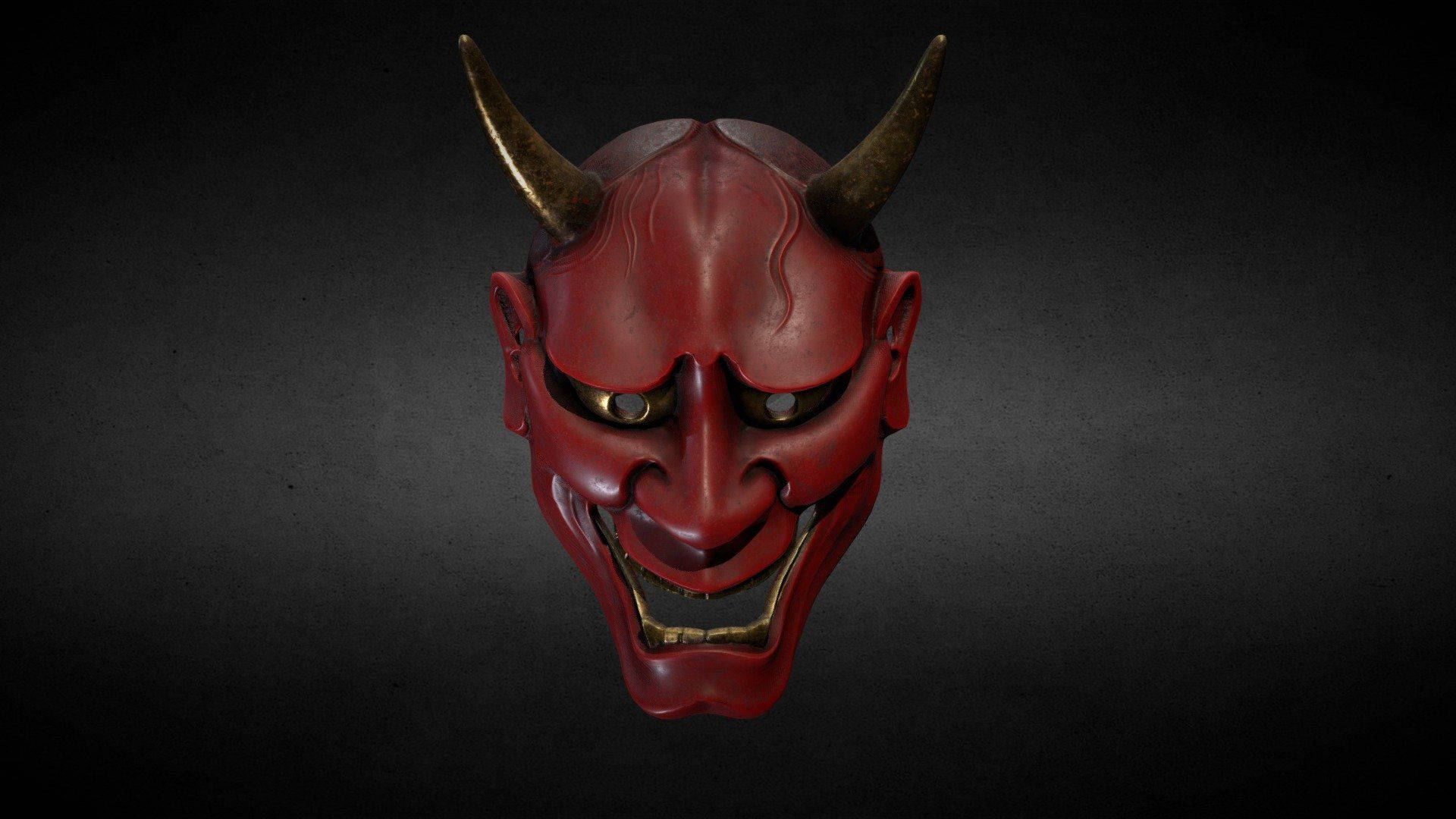 Oni 桌布 壁紙 — 一個帶有金色角和牙齒的兇猛紅色日本鬼面具，背景為深色紋理。