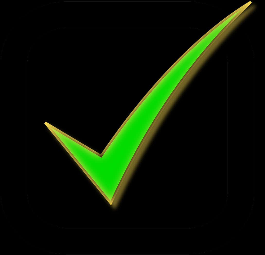 Check Mark 桌布 壁紙 — 一個帶有金色輪廓的發光綠色勾號，在純黑色背景上閃耀。