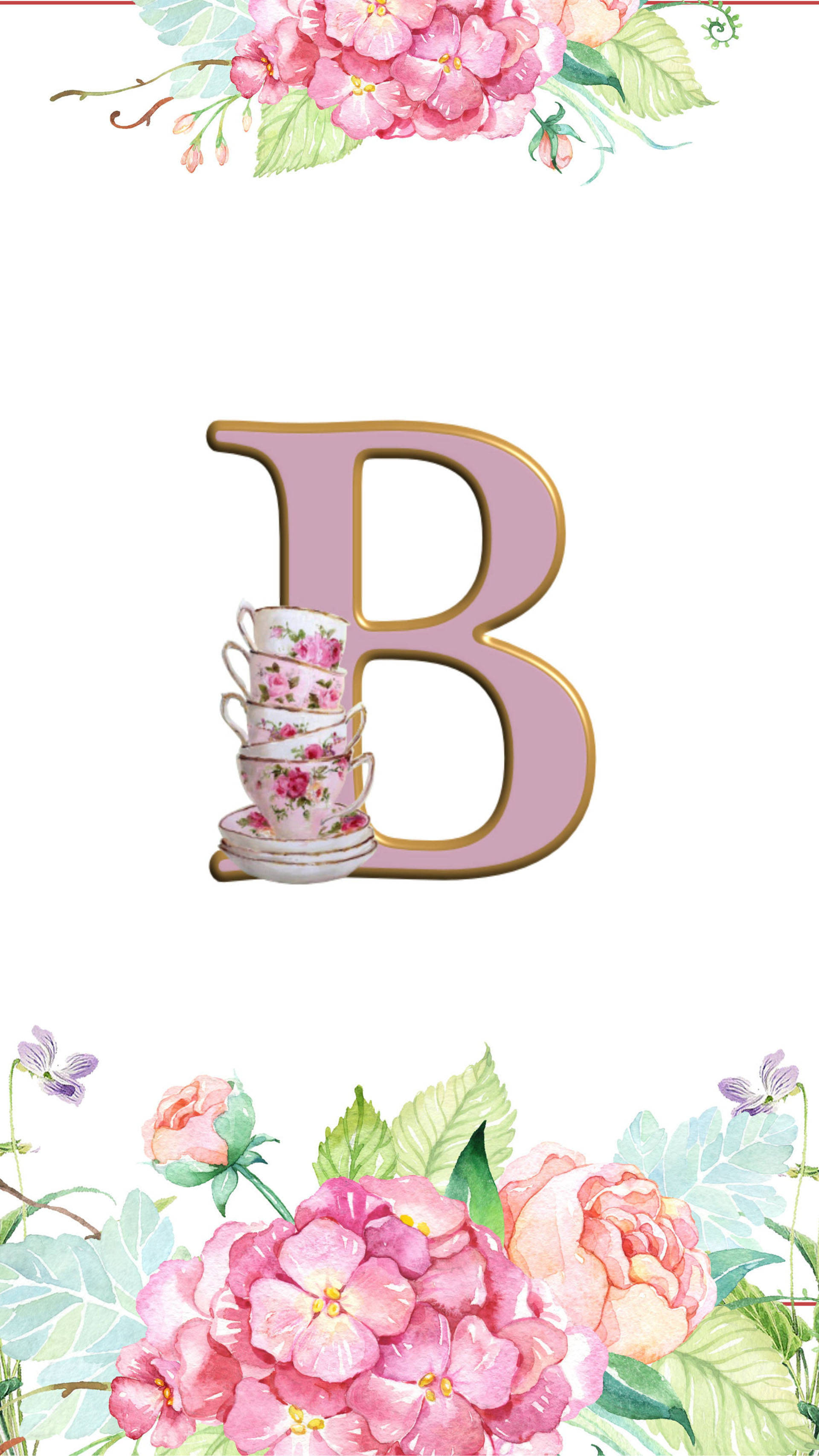字母B 桌布 壁紙 — 一個帶有金色邊框的粉紅色大字母B，托著疊放的花卉茶杯，周圍環繞著水彩粉紅色繡球花和玫瑰。