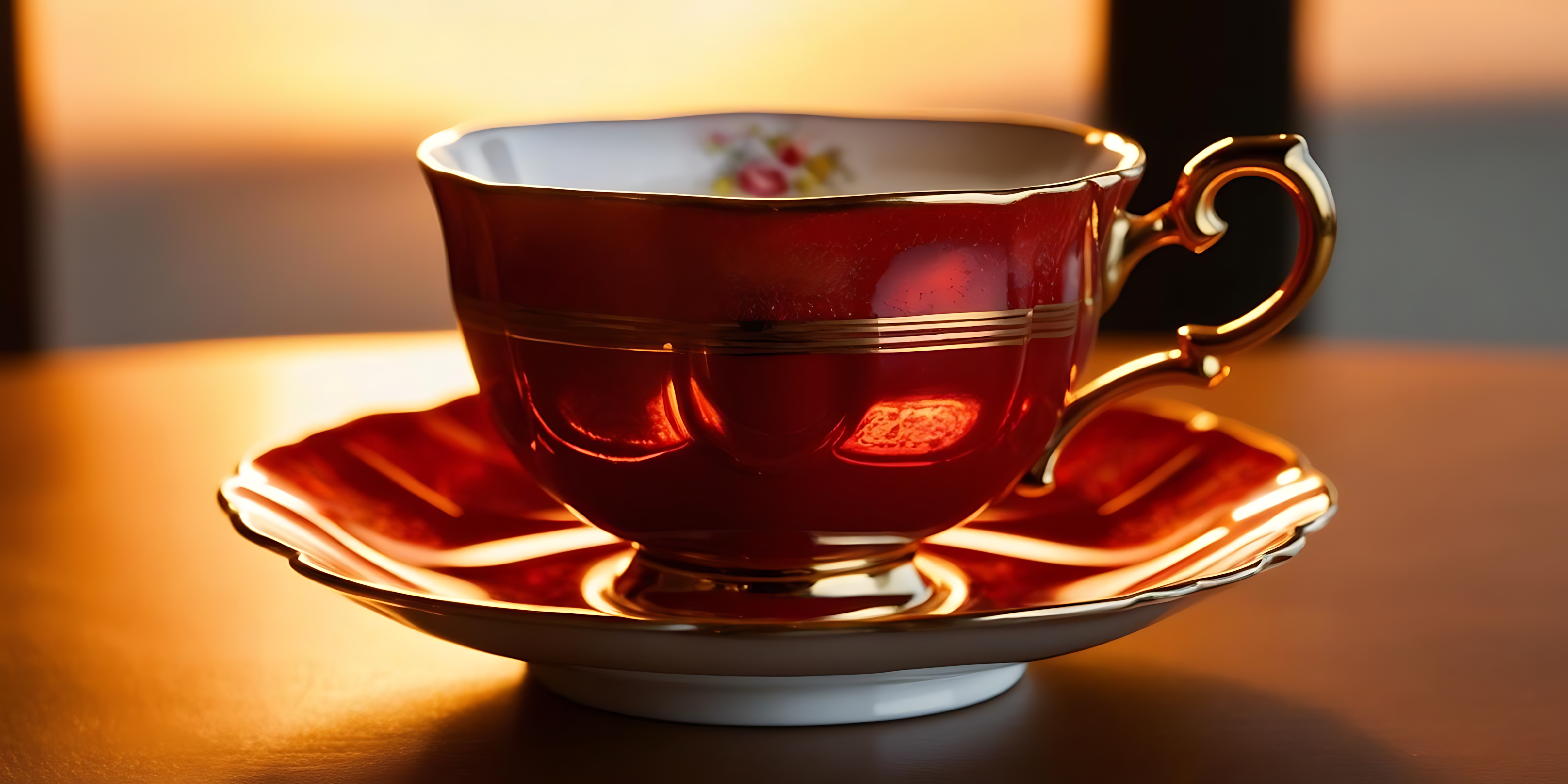 tea 桌布 壁紙 — 一個帶有金色邊緣和花卉圖案的亮紅色瓷茶杯，放在相配的碟子上，沐浴在溫暖的金色光線中。