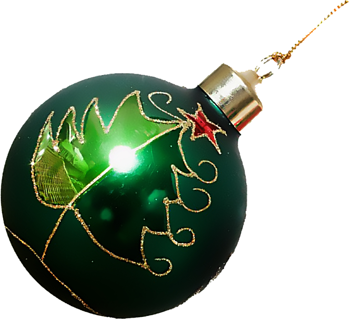 Clip Art 桌布 壁紙 — 一個帶有金色閃粉漩渦和紅色星星的光澤綠色聖誕裝飾在黑色背景上發光。