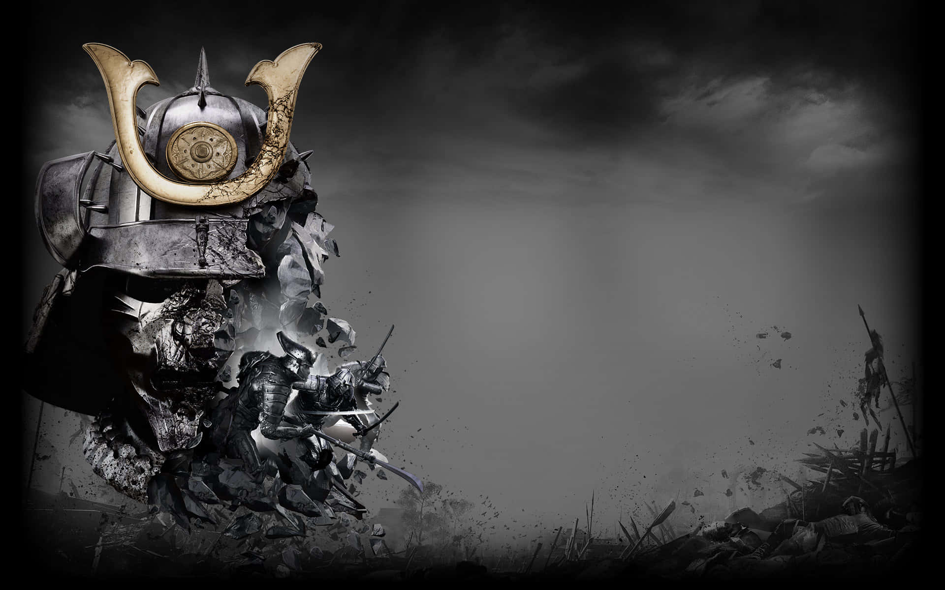 Samurai Helmet 桌布 壁紙 — 一個帶有金色頂飾的破碎武士頭盔在暴風雨的灰色天空中爆炸成碎片。