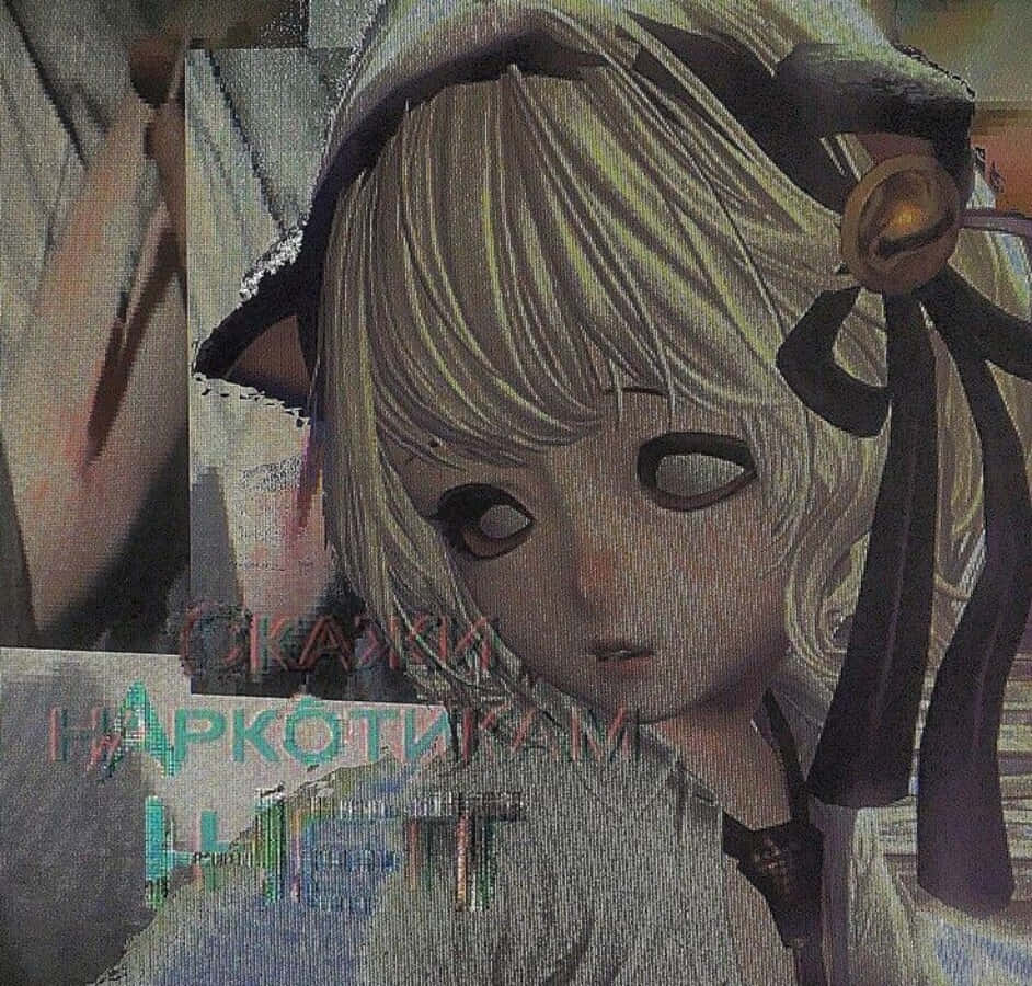 動漫女孩 桌布 壁紙 — 一個帶有金髮和貓耳的故障動畫女孩，悲傷地凝視著一個碎片化的數位背景。