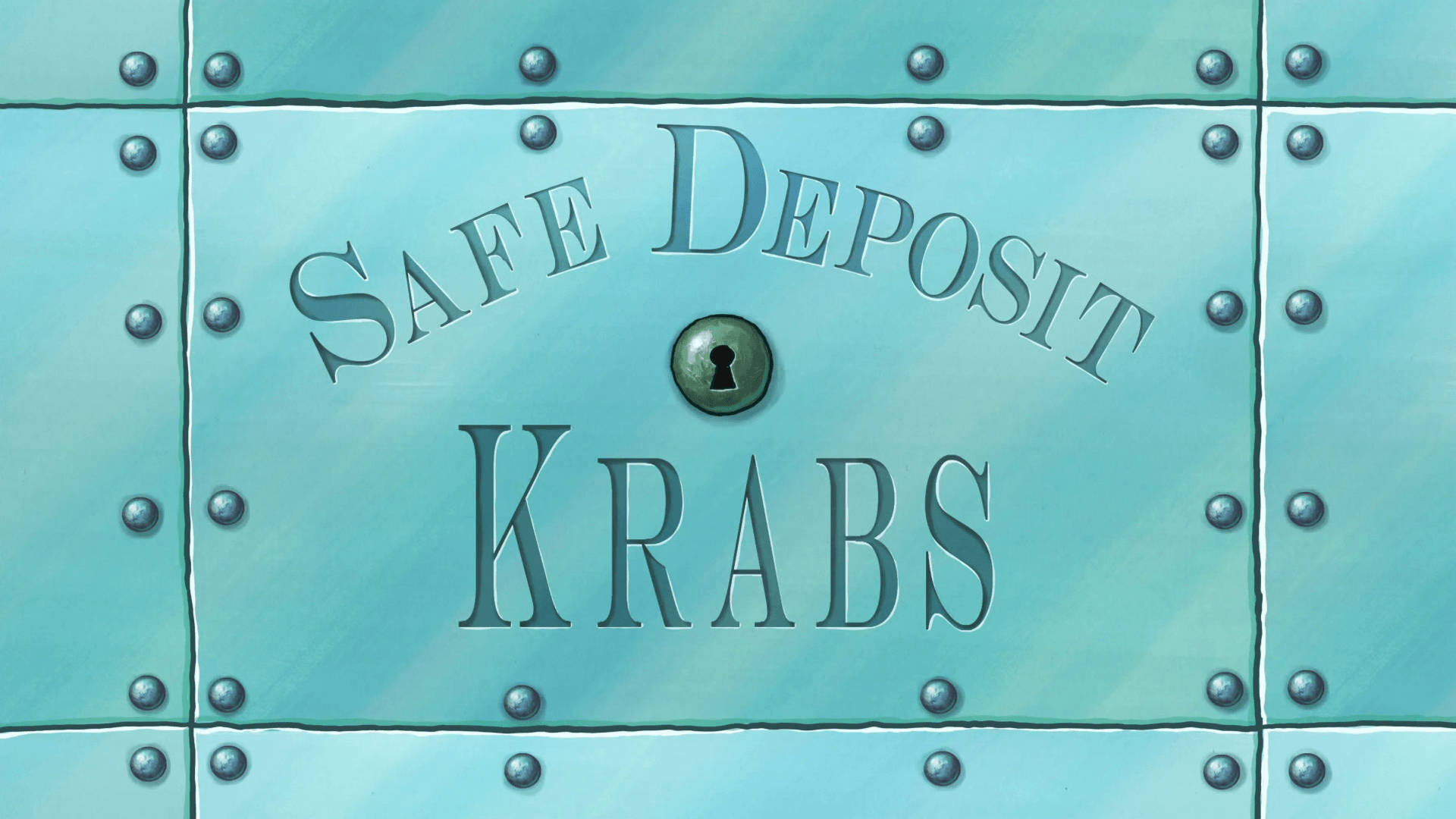 Mr Krabs 桌布 壁紙 — 一個帶有鉚釘和刻有「SAFE DEPOSIT KRABS」文字及鎖孔的藍綠色金屬保險箱。